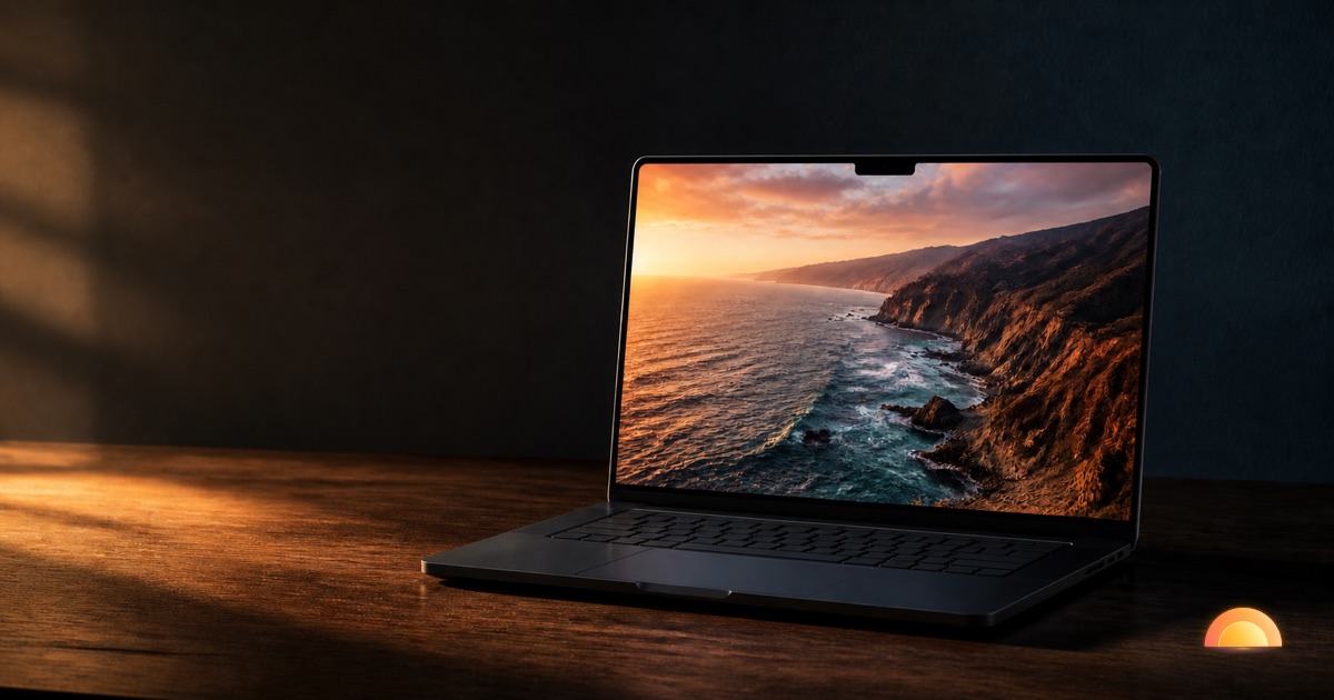 MacBook Pro on a dark desk at golden hour with a warm coastal sunset on screen