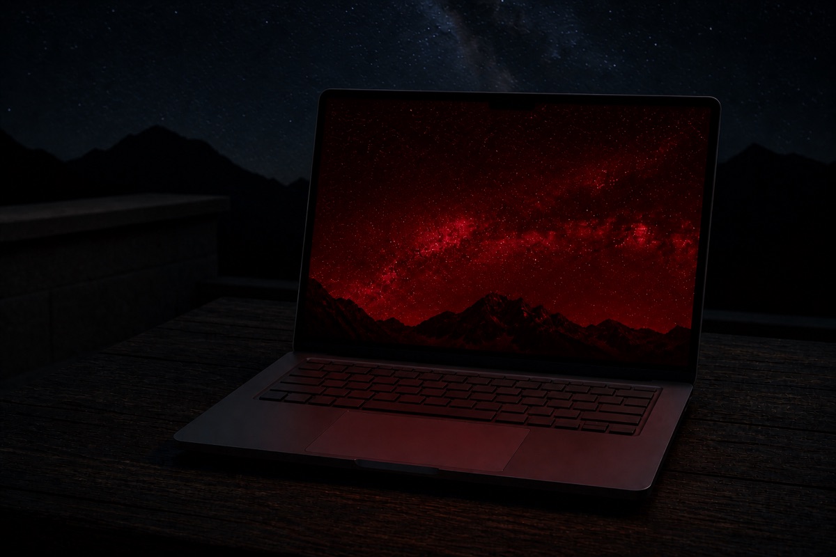 MacBook Pro under a starry sky with the whole screen in deep red