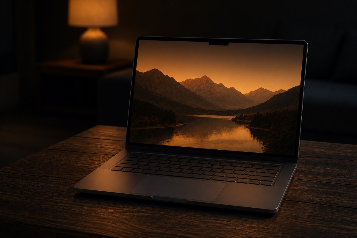MacBook Pro in a dim living room with a warm, dimmed screen