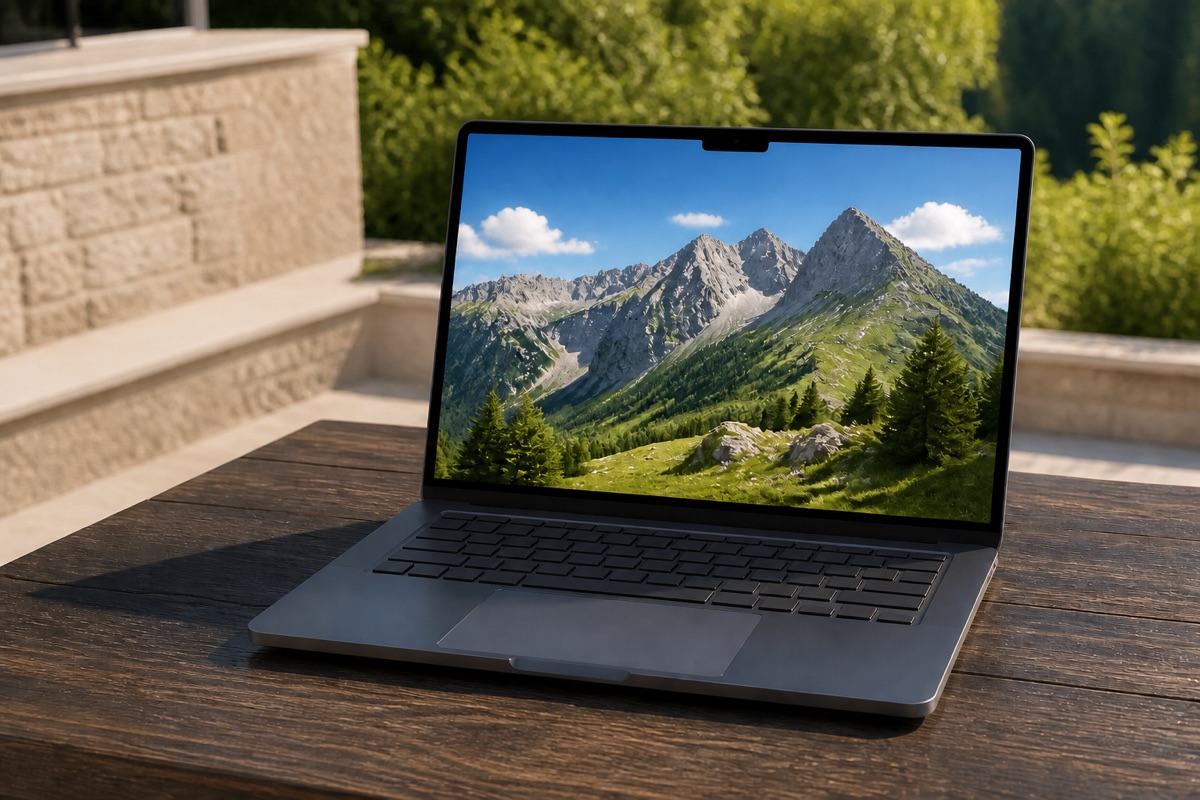 MacBook Pro on a sunlit terrace with a vivid, readable screen